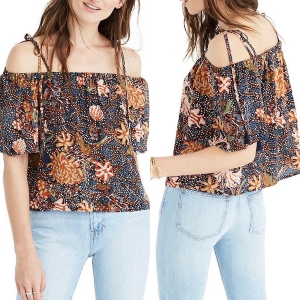 Madewell 100% Silk Cold Shoulder Blouse Navy Rust Sea Floral Western Medium